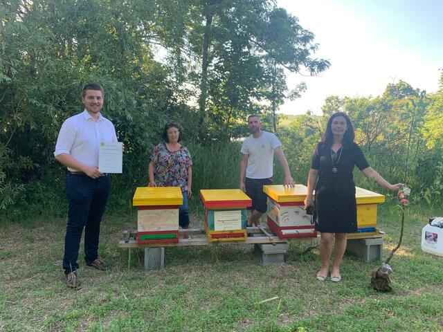 Die Volkspartei Mattersburg-Walbersdorf bei Übernahme der Bienenpatschaft (v.l.n.r.): Stadtrat Andreas Feiler, Gemeinderätin Margit Adam, Imker Rainer Nachtnebel und Stadträtin Melanie Eckhardt mit dem Bienenstock, für den eine Patenschaft übernommen wurde in der Mitte. | Foto: VP Mattersburg-Walbersdorf