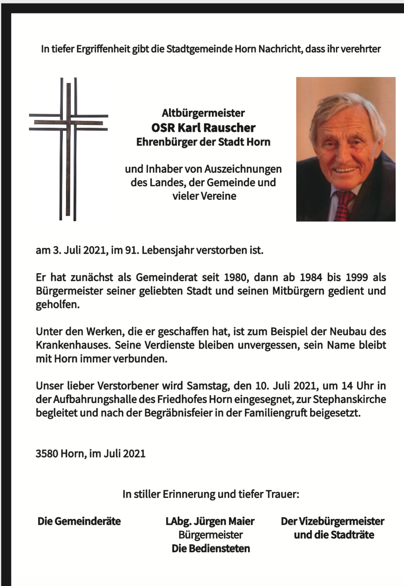 Horn: Altbürgermeister OSR Karl Rauscher verstorben - Horn