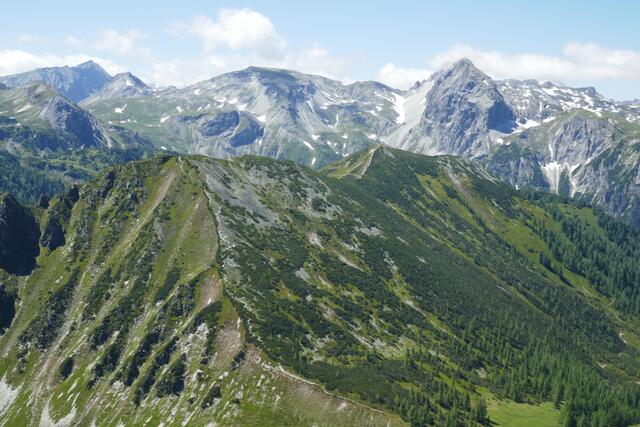 Vom Bärenstaffl nach Süden: Im Vordergrund Spazeck und Spirzinger, in der zweiten Reihe der Hauptkamm der Radstädter Tauern mit dem Taferlnock in der Bildmitte.  | Foto: Thomas Neuhold