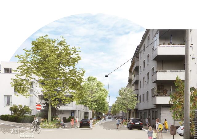 Durch die Bäume wird die Beschattung der Straße laut Vizebürgermeister Bernhard Baier von derzeit 0,5 auf 35 Prozent erhöht. Außerdem wird erstmals das "Schwammstadt-Prinzip" angewendet. Dadurch können sich die gepflanzten Bäume besser entwickeln und haben eine längere Lebensdauer. | Foto: 3:0 Landschaftsarchitektur