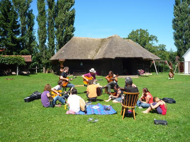 Die Teilnehmer des Gypsy-Jazz-Kurses üben auf der Wiese. | Foto: Melitta Gerger