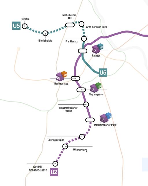 So sieht die voraussichtliche Planung der Linien U2 und U5 aus. Die U5 könnte so über den Wienerberg hinausfahren.