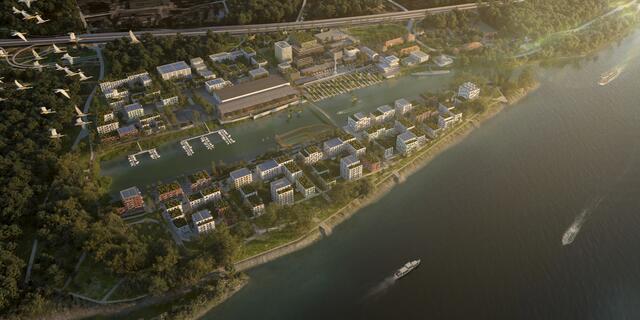 Die Werft aus der Vogelperspektive – bis zu 1500 Einwohner sind derzeit, für Stadtgemeinde und Signa, denkbar.