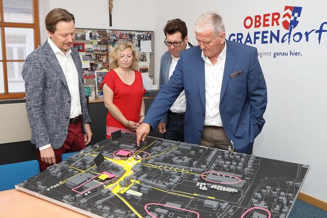 Bürgermeister Rainer Handlfinger informierte anhand des Modells Bundesrätin Eva Prischl, Nationalrat Robert Laimer und Landeshauptfrau-Stellvertreter Franz Schnabl über die Projektentwicklung.