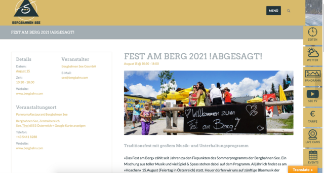 Screenshot der Homepage der Bergbahnen See (27. Juli 2021).