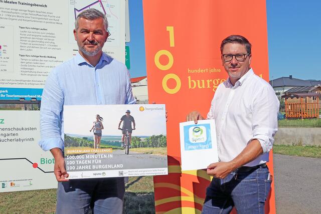 Sportlandesrat Mag. Heinrich Dorner und Bürgermeister Jürgen Karall stellen die Initiative „100.000 Bewegungsminuten in 100 Tagen für 100 Jahre Burgenland“ beim Lauf- und Nordic Walking-Park in der Gemeinde Markt Sankt Martin vor.