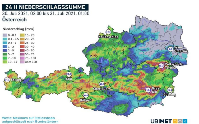 Die gemessene Niederschlagsmenge am 30. Juli