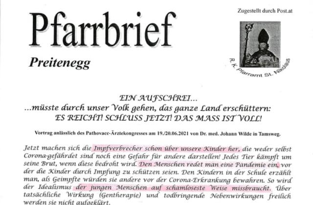 Der Preitenegger Pfarrbrief beschäftigt sich auf drei von vier Seiten mit Fake-News zur Covid-19-Impfung