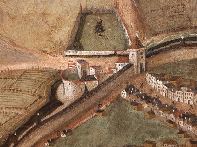 Ausschnitt aus der Stadtansicht von Balduin Hoyel 1623: zu erkennen ist das Wilhelmsburger Tor, später Linzer Tor genannt, mit dem Vorwerk.