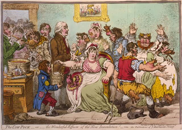 Historische Karikatur zu Impfgegnern, die befürchteten, durch die Pockenimpfung zu Kühen zu werden (James Gillray, 1802). | Foto: Wikimedia