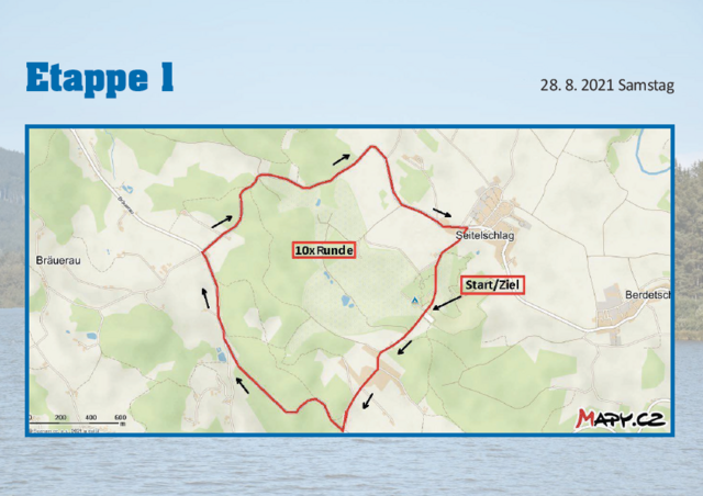 Die 6-Kilometer-Runde rund um den Golfpark Böhmerwald muss zehn Mal absolviert werden. | Foto: Tour de Boletice/mapy.cz