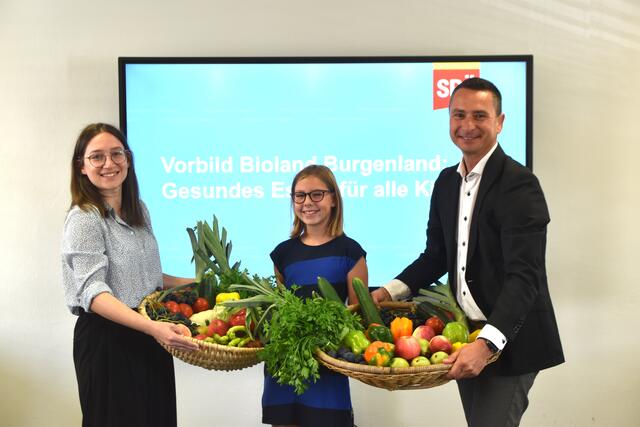 Julia Herr und Robert Hergovich fordern die Bio-Wende nach burgenländischem Vorbild für ganz Österreich. Schülerin Ella Felder findet Bio-Essen jedenfalls „wahnsinnig wichtig“. | Foto: Uchann