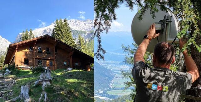 Mario Schrott montiert den Empfänger mit Sicht zum Abfallwirtschaftszentrum auf einem Baum nahe der beliebten Alplhütte. | Foto: Alplhütte, GWTelfs/Riener