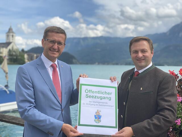Fixierten die Sicherung der St. Wolfganger Seezugänge für die Öffentlichkeit: Tourismuslandesrat Markus Achleitner und Bürgermeister Franz Eisl. | Foto: ÖVP