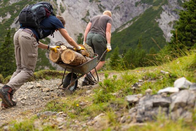 Zwei der Helfer beim Abtransport von Holz von der Weide. | Foto: Hieger