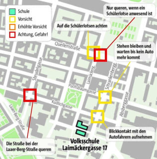 Bei der Volksschule Laimäckergasse heißt es besonders bei den Kreuzungen in der Quellenstraße und der Kudlichgasse "Vorsicht". | Foto: MA 46/J. Tanzer