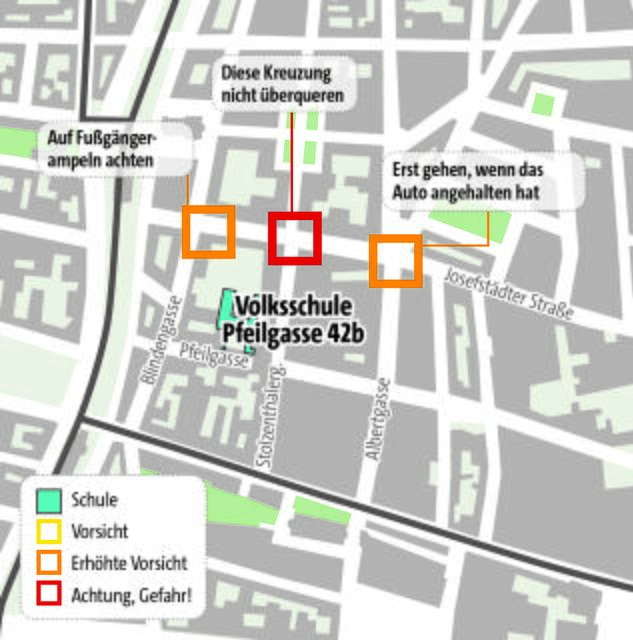 Rund um die Volksschule Pfeilgasse gibt es einige Stellen, an denen erhöhte Vorsicht geboten ist. | Foto: Grafik: MA 46/Zop-Vieh