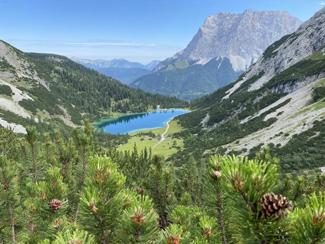 Postkartenmotiv: Der Blick von der Coburger Hütte kommend über den Seebensee hinweg auf das Wettersteinmassiv. | Foto: Reichel