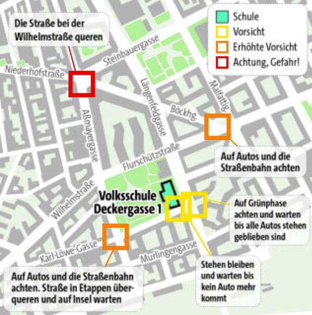 Rund um die Volksschule in der Deckergasse gibt es einige Stellen, an denen erhöhte Vorsicht geboten ist. | Foto: MA 46/J. Tanzer
