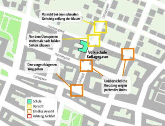 Rund um die Volksschule in der Cottagegasse gibt es einige Stellen, an denen erhöhte Vorsicht geboten ist. | Foto: APA/Piroutz