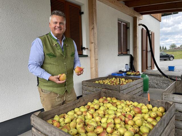 Edgar Wernbacher und zwei Tonnen der Clapps Liebling-Birne. Mit dem Einmaischen begann für den erfolgreichen Schnaps-Brenner die heurige Brennsaison. | Foto: Koidl