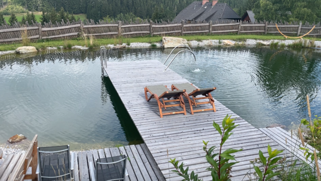 Vor dem Waldchalet wurde ein großer Teich angelegt – inklusive Saiblingen und Forellen. | Foto: Koidl