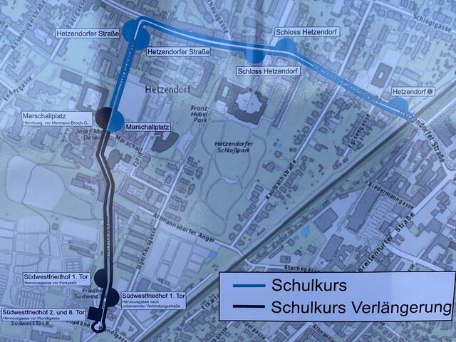 Blau sieht man die bisherige Route des 16A, schwarz die verlängerte Strecke, die fast zum 2. und 8. Tor reicht.