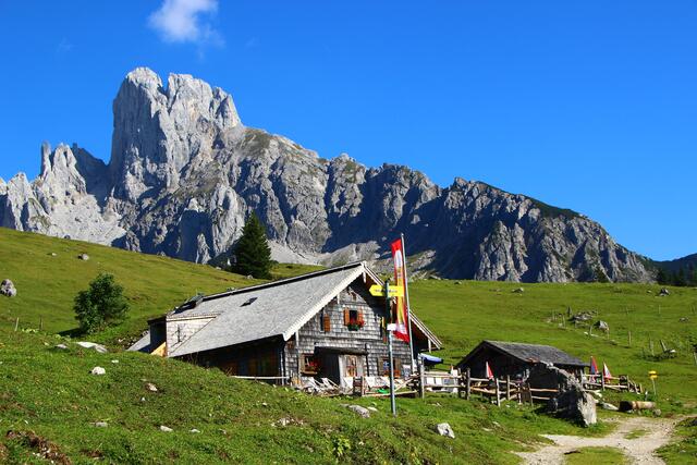 Die Stuhlalm liegt auf 1.465 Metern Seehöhe im Gemeindegebiet von Annaberg-Lungötz auf der Süd-/Westseite des Gosaukamms, umgeben von einem Almgelände, unweit der Großen Bischofsmütze im Dachsteinmassiv. | Foto: Maria Tiefenbacher-Schöndorfer