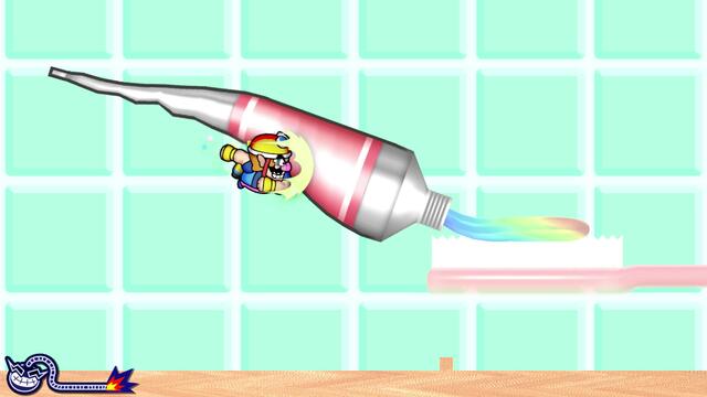 Hier muss Wario die Zahnpaste aus der Tube drücken.