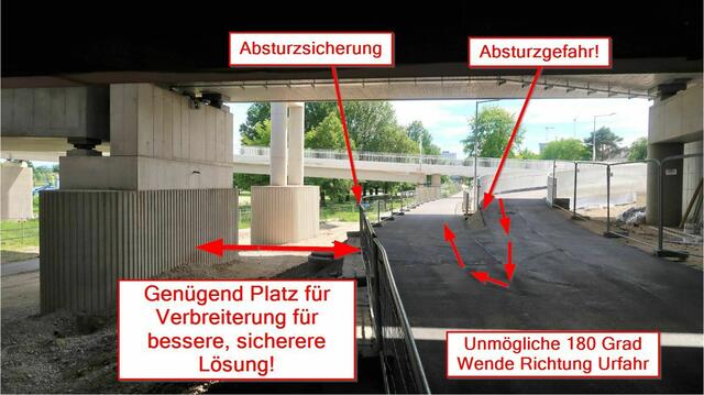 Die neue Radrampe bei der Voest-Brücke beherbergt einige Tücken: Unter anderem besteht laut Radlobby Absturzgefahr. Radverkehrs-Checks im Vorfeld von größeren Bauprojekten könnten hier Abhilfe schaffen. | Foto: Radlobby OÖ