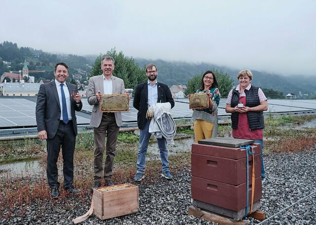 Freuen sich gemeinsam über den tollen Ertrag der Bienen auf dem Dach der Markthalle Innsbruck. Dr. Franz Danler, Geschäftsführer der Innsbrucker Markthallen-Betriebs GesmbH, Bürgermeister Georg Willi, Imker Stephan Aulitzky, Marktleiterin Edith Ettlmayr, Bauernsprecherin Loni Appler-Wach. | Foto: Patrick Saringer