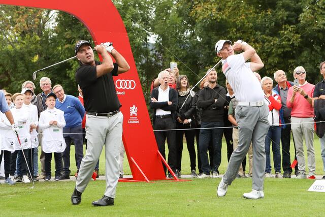 Große Show garantiert: Thomas Levet (l.) und James Kingston beim Audi Shoot-Out 2019. | Foto: GEPA