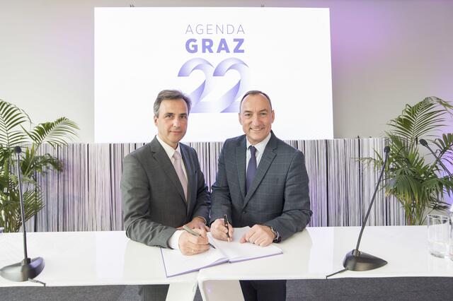 Zuletzt reagierten Siegfried Nagl (ÖVP) und Mario Eustacchio (FPÖ) in Graz. Welche Koalition geht sich nach dem heutigen Urnengang aus? | Foto: Stadt Graz