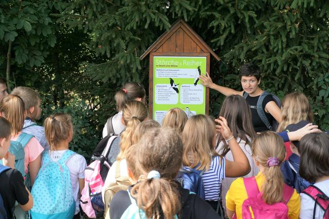 Biodiversitätsexpertin Johanna Almásy bringt Schülern die Vogelwelt im Naturpark Pöllauer Tal näher. | Foto: KLAR! Naturpark Pöllauer Tal