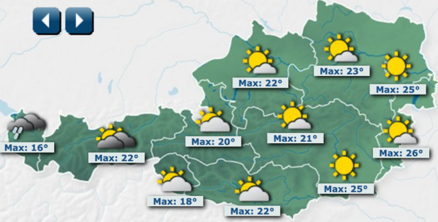 Der Montag hat vor allem inneralpin und im Südosten viel Sonnenschein zu bieten. Die Höchstwerte liegen entsprechend zwischen 12 und 26 Grad – am wärmsten wird es im Südosten, während es in Vorarlberg gegenüber dem Vortag schon um etwa 10 Grad kühler ist.