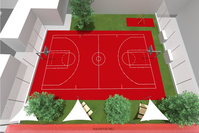 Diese Skizze zeigt, wie die Sportanlage mit den neuen Grünflächen aussehen könnte. Ideen zur Gestaltung sind willkommen. | Foto: 30 Dreissig Grad Architektur