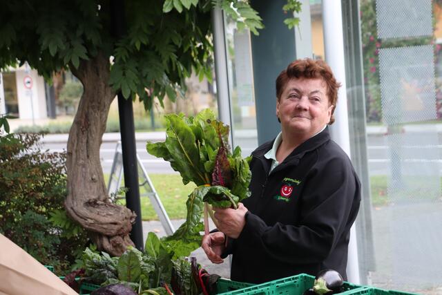 Marktbeschickerin Elisabeth Wressnig sucht gerade den schönsten Mangold für eine Kundin aus. Im Gespräch erzählte die Käuferin aus Fernitz-Mellach, was sie daraus kocht. "Den Mangold klein schneiden, in Olivenöl anrösten, weich dünsten, mit Knoblauch und Chili würzen", dazu serviert Alexandra Kartoffeln.  | Foto: Edith Ertl