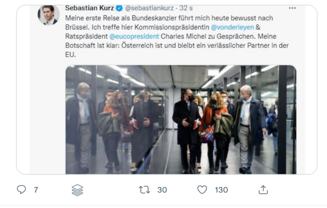 Wer ist nun der Kanzler? Das scheint wohl für die Social-Media-Abteilung im Bundeskanzleramt noch nicht ganz klar zu sein. Denn der Bundeskanzler berichtet auf Social Media von seiner ersten Dienstreise, die ihn am Donnerstag nach Brüssel führte, bloß, es ist der falsch. | Foto: Twitter/sebastiankurz