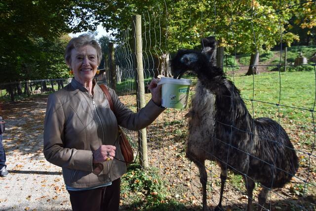 Die Tiernamensgeberin Helga Kny mit dem Emu EMIL und seinem Artgenossen.