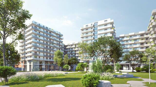 Geplant sind im Innenhof große grüne Flächen und Bäume. | Foto: Heimbau