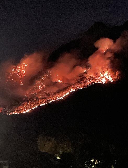 Der Waldbrand nachts.
