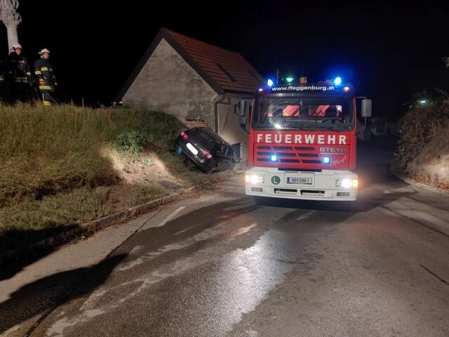 Ein PKW kam von der Straße ab und stieß gegen einen Keller.