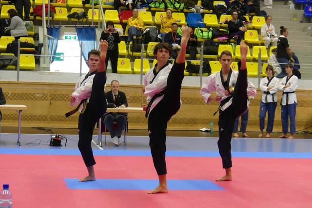 v.l.n.r: Savo Kovacevic, Andreas Brückl und Florian Koller, mit Ap-Chagi (Front-Kick)