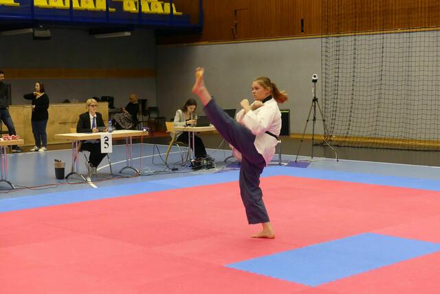 Magda Brandl mit Ap-Chagi (Front-Kick) in der Poosmae Yuk-Jang