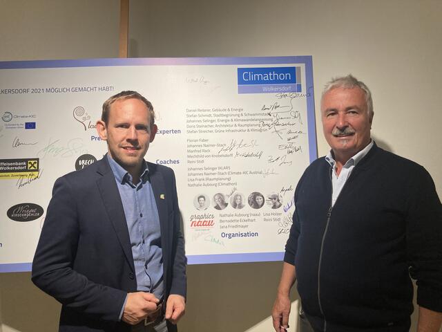 Georg Ecker und Christian Schrefel beraten in Wolkersdorf über Wege aus der Klimakrise. | Foto: Schrefel