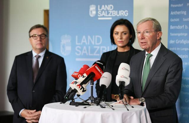 LH Günther Platter, Tourismusministerin Elisabeth Köstinger und LH Wilfried Haslauer sprachen über die Ergebnisse der Landestourismusreferentenkonferenz. | Foto: LMZ