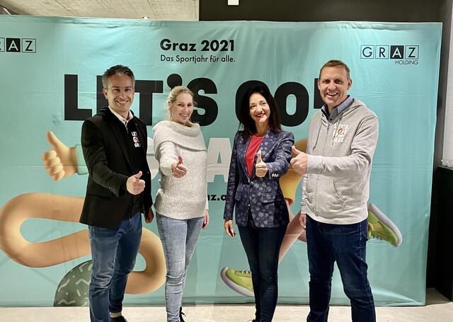 Gehen mit Let's Go Graz motiviert in die Wintersaison: Kurt Hohensinner, Eva Sonnleitner, Viktoria Chanterie, Markus Pichler (v.l.) | Foto: MeinBezirk