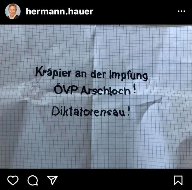 Hermann Hauer teilte auf Instagram die Beschimpfung, die in seinen Postkasten ladete.