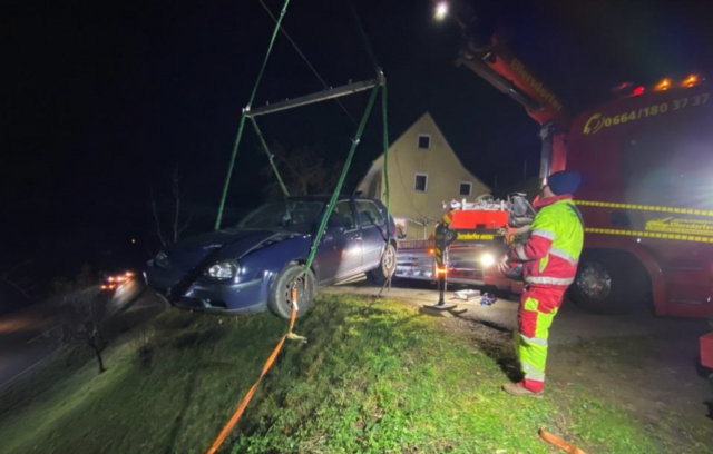 Mithilfe eines Abschleppdienstes konnte das Auto wieder auf die Fahrbahn gebracht werden.