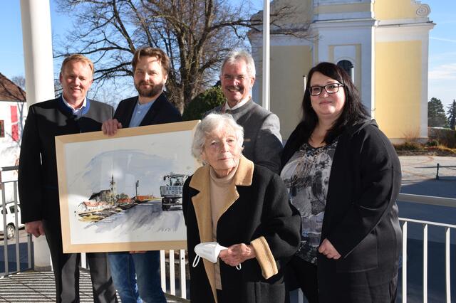Vbgm. Gerhard Steiner, Nikolaus Yvon, Landesrat Karl Wilfing, Rike Therese Yvon (die Großmutter des Künstlers), BGM Eva Schachinger | Foto: Elisabeth Riederer